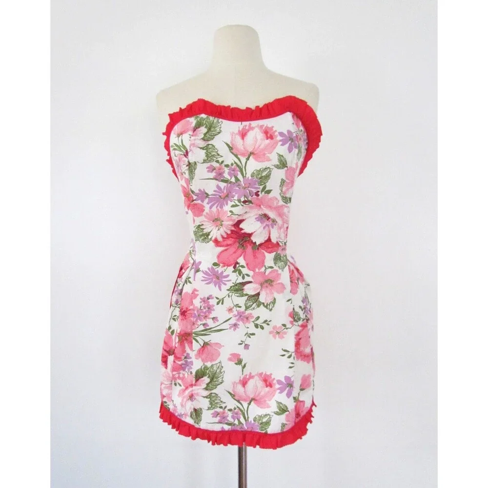 Vtg 1950s Strapless Hostess Apron Boned Floral Cotton Sweetheart Red Ruffle
